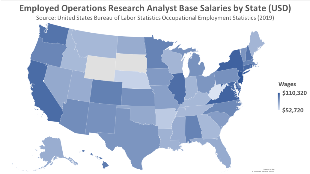 Employed Operations Research Analyst Base Salaries by State